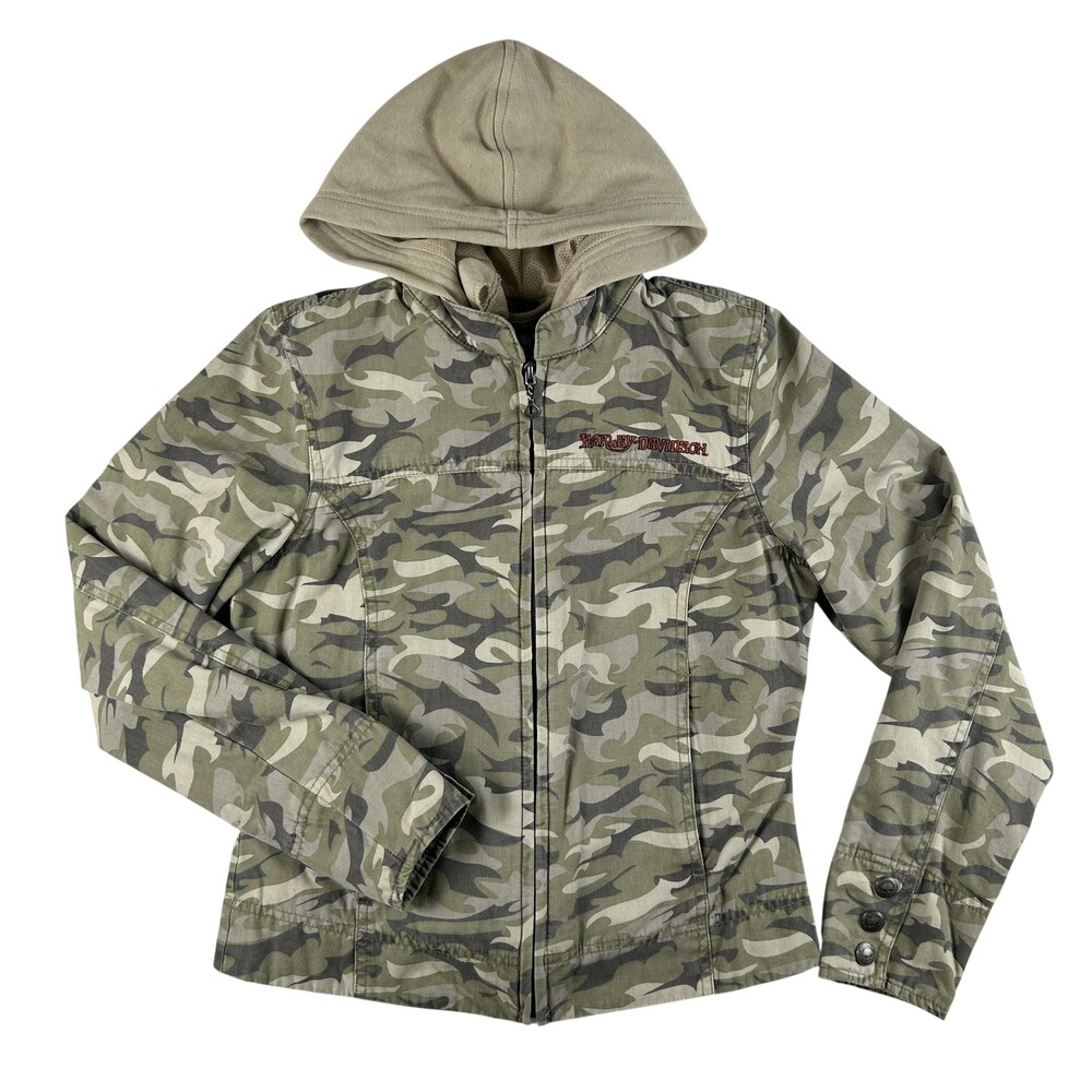 Vtg Harley-Davidson Jacket Womens Small Camo Hooded Zip Motorcycle Double Layer